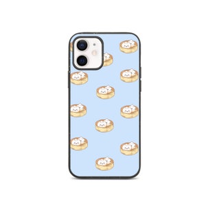 May include: A blue phone case with a white and brown pattern of cartoon dumplings. The case has a black border and a cutout for the phone's camera.