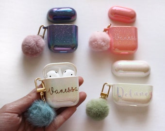Personalizes Custom Name Holographic Pom Pom Airpod Case Airpod Pro Case with Cute Keychain / AirPods Stickers Personalized Name Vinyl Decal