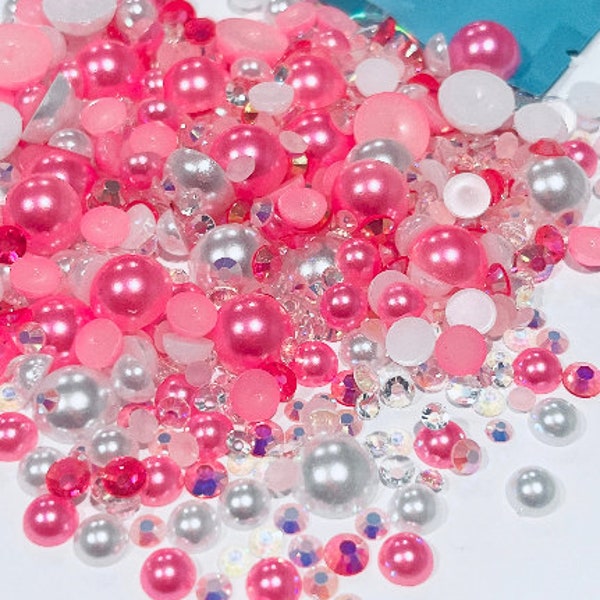 Pearl Rhinestone Mix | Embellishments | Pearl Sizes 3mm | 10mm | Rhinestone sizes 3-5mm | Mixed Colors | Pink & White Rhinestones