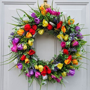 Tulip And Mixed Greenery Wreath For Front Door, Spring And Summer Wreath