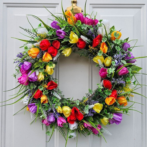 Tulip And Mixed Greenery Wreath For Front Door, Spring And Summer Wreath