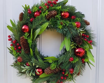 Christmas Wreath For Front Door with Artificial Red Winter Berries, Natural Pinecones & Christmas Baubles