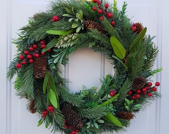 Christmas Wreath For Front Door with Artificial Red Winter Berries & Natural Pinecones