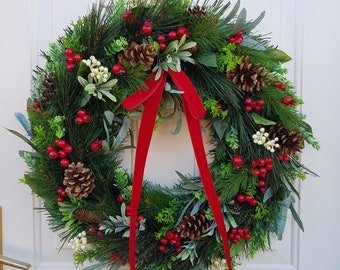 Christmas Wreath For Front Door with Artificial Winter Berries & Natural Pinecones