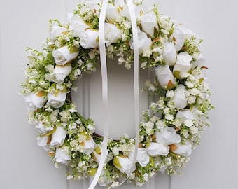 White Wreath for Front Door with Artificial White Roses and Gypsophila