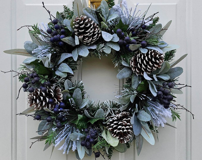 Snowy Christmas Wreath for Front Door With Artificial Blueberries ...
