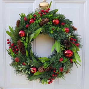 Christmas Wreath For Front Door with Artificial Red Winter Berries, Natural Pinecones & Christmas Baubles