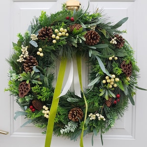 Christmas Wreath For Front Door with Artificial  Winter Berries & Natural Pinecones and Lotus Heads