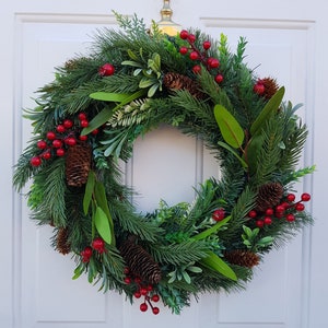 Christmas Wreath For Front Door with Artificial Red Winter Berries & Natural Pinecones