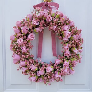 Pink Wreath for Front Door with Artificial Pink Roses and Gypsophila