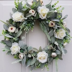 Lambs Ear & Eucalyptus  with Cream Roses Wreath for Front Door