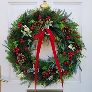 Christmas Wreath For Front Door with Artificial Winter Berries & Natural Pinecones