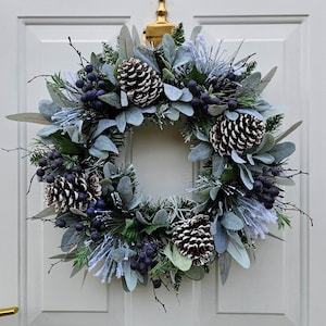 Snowy Christmas Wreath For Front Door with Artificial Blueberries, Winter Foliage & Natural Pinecones