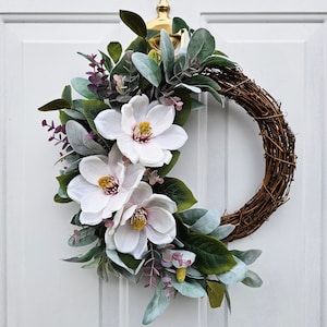 White Magnolia and Lambs Ear Wreath for Front Door