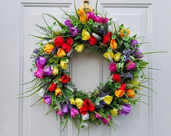 Tulip And Mixed Greenery Wreath For Front Door, Spring And Summer Wreath