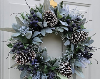 Snowy Christmas Wreath For Front Door with Artificial Blueberries, Winter Foliage & Natural Pinecones