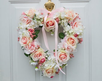 Pink Heart Shaped Wreath for Front Door, Year Round Wreath, Indoor Wreath, Door Wreath, Artificial Wreath