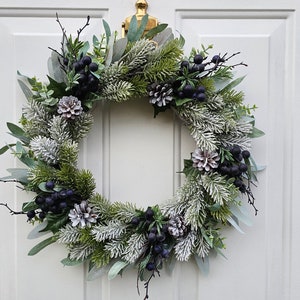 Snowy Christmas Wreath For Front Door with Artificial Blueberries, Winter Foliage & Natural Pinecones
