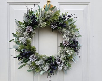 Snowy Christmas Wreath For Front Door with Artificial Blueberries, Winter Foliage & Natural Pinecones