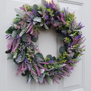 Corona di eucalipto e lavanda per porta d'ingresso, corona tutto l'anno, corona interna, corona della fattoria, corona verde, corona della porta immagine 3