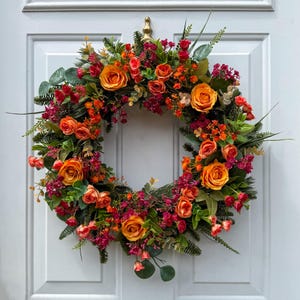 Artificial Wreath for the front door with roses and gypsophila, Artificial Door Wreath, All Year Round Door Wreath