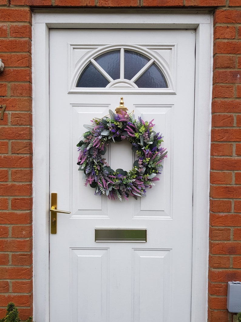 Corona di eucalipto e lavanda per porta d'ingresso, corona tutto l'anno, corona interna, corona della fattoria, corona verde, corona della porta immagine 4