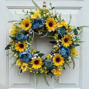 Zonnebloem en blauwe pioenrozenkrans voor voordeur Kunstkrans met zonnebloemen