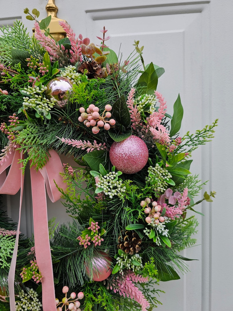 Christmas Wreath For Front Door with Natural Pinecones, Artificial Foliage and Christmas Baubles image 4