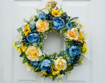 Summer Floral Wreath, Blue Yellow Wreath, Wreath For Front Door, Artificial Wreath