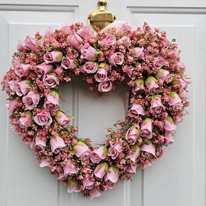 Pink Heart Shaped Wreath for Front Door with Artificial Pink Roses and Gypsophila