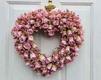 Pink Heart Shaped Wreath for Front Door with Artificial Pink Roses and Gypsophila