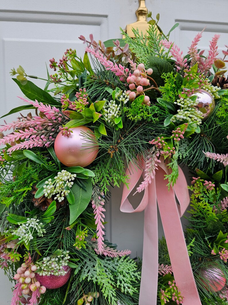 Christmas Wreath For Front Door with Natural Pinecones, Artificial Foliage and Christmas Baubles image 2