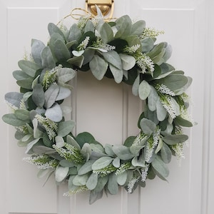 Oreilles d&#39;agneau et couronne d&#39;eucalyptus, couronne toute l&#39;année, couronne d&#39;intérieur, couronne de ferme, couronne de verdure, couronne de porte, couronne faite main