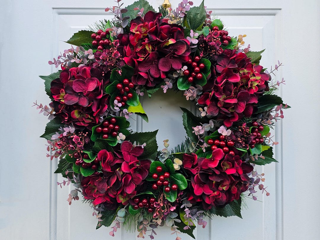 Burgundy Wreath for Front Door, Artificial Door Wreath With Berries and ...