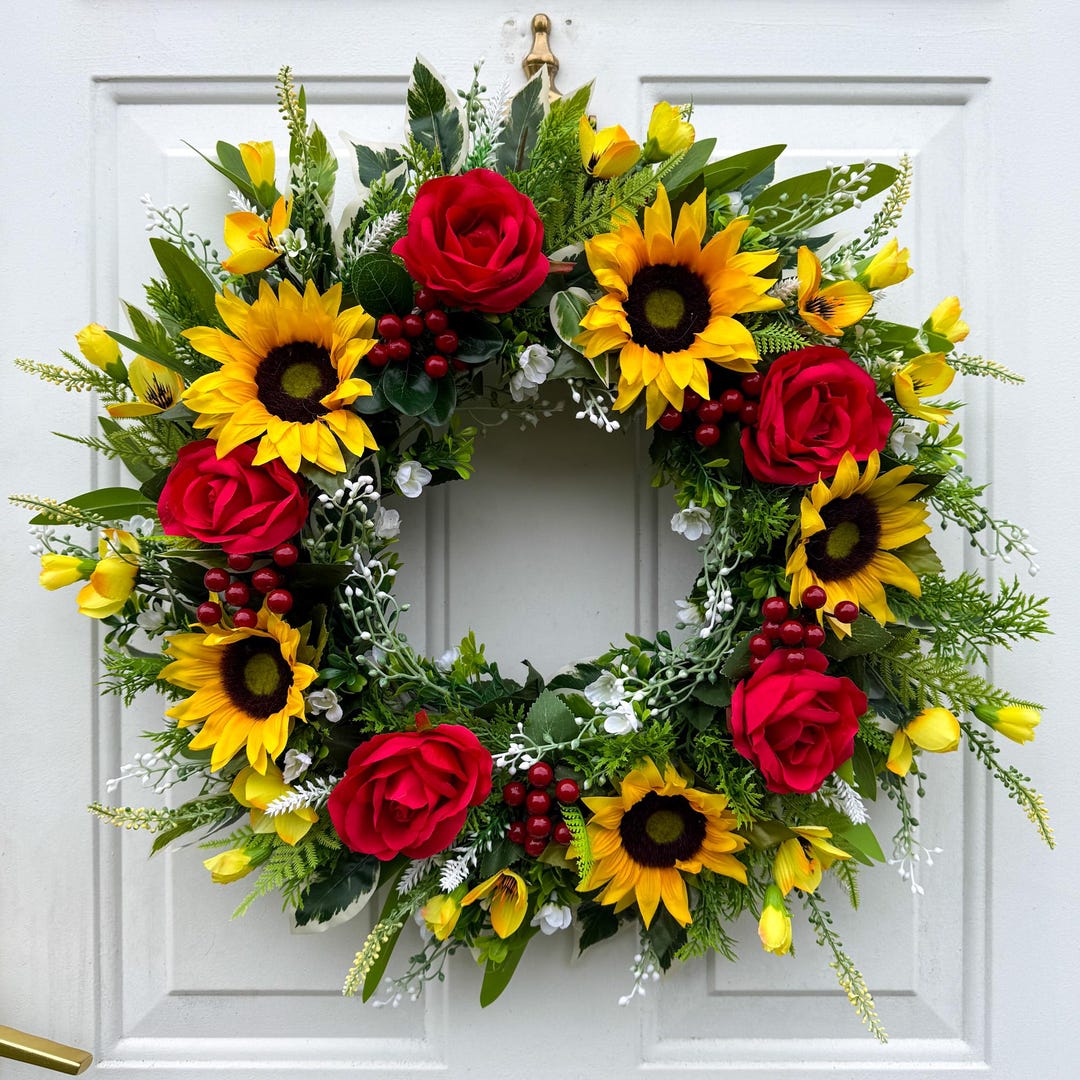 Sunflower and Red Rose Wreath for Front Door Artificial Wreath With ...