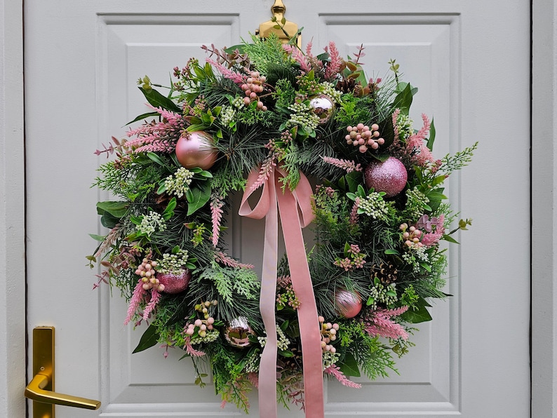 Christmas Wreath For Front Door with Natural Pinecones, Artificial Foliage and Christmas Baubles image 1