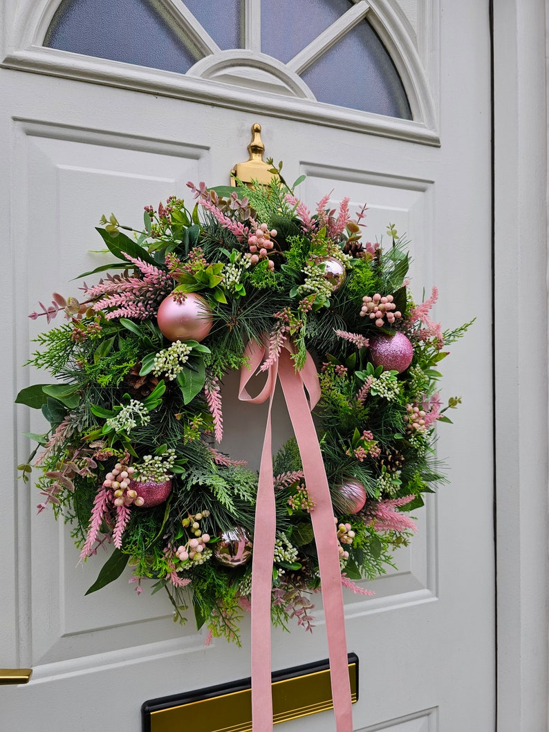 Christmas Wreath For Front Door with Natural Pinecones, Artificial Foliage and Christmas Baubles image 3