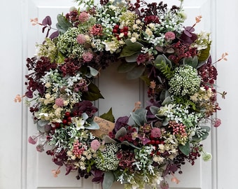 Couronne de porte artificielle d'automne, bordeaux et rose poudré, pour porte d'entrée