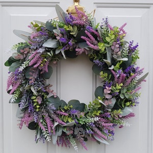 Corona di eucalipto e lavanda per porta d'ingresso, corona tutto l'anno, corona interna, corona della fattoria, corona verde, corona della porta immagine 1