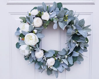 Lamb's Ear Wreath with White Peonies and Gipsofila, Wreath For Front Door