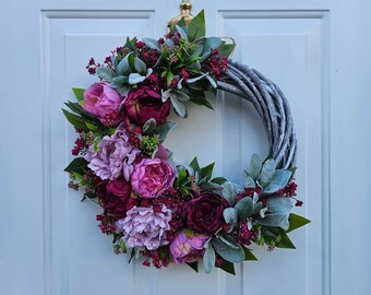 Burgundy Peony and Lambs Ear Wreath for Front Door