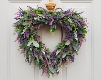 Eucalyptus and Lavender Heart Shaped Wreath for Front Door, Year Round Wreath, Indoor Wreath, Farmhouse Wreath, Greenery Wreath, Door Wreath