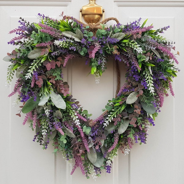 Eucalyptus and Lavender Heart Shaped Wreath for Front Door, Year Round Wreath, Indoor Wreath, Farmhouse Wreath, Greenery Wreath, Door Wreath
