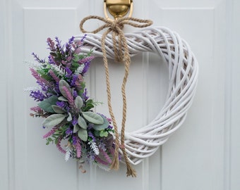 Lambs Ear and Lavender Heart Shaped Wreath for Front Door, Year Round Wreath, Indoor Wreath, Farmhouse Wreath, Greenery Wreath, Door Wreath