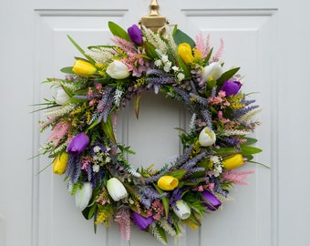 Couronne de tulipes et de verdure pour porte d'entrée, couronne de printemps et d'été, couronne artificielle