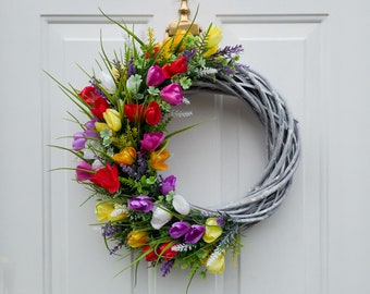 Tulip And Mixed Greenery Wreath For Front Door, Spring And Summer Wreath