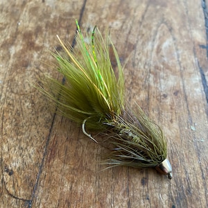 May include: A green and brown fly fishing lure with a gold bead head and a hook.
