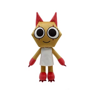 May include: A plush toy featuring a geometric-shaped head with large black eyes and a smiling face. The toy has a tan body, red accents on the ears, hands, and feet, and wears a white dress. The toy is standing upright.