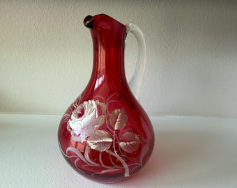 Antique Victorian Cranberry Glass Pitcher | Hand-Painted Rose Enamel Ewer
