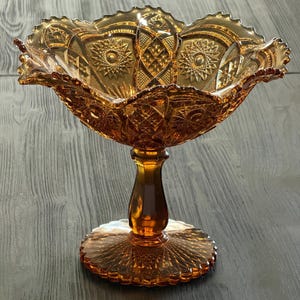 Vintage Amber Pressed Glass Compote Bowl | EAPG Starburst Pattern, Scalloped Base
